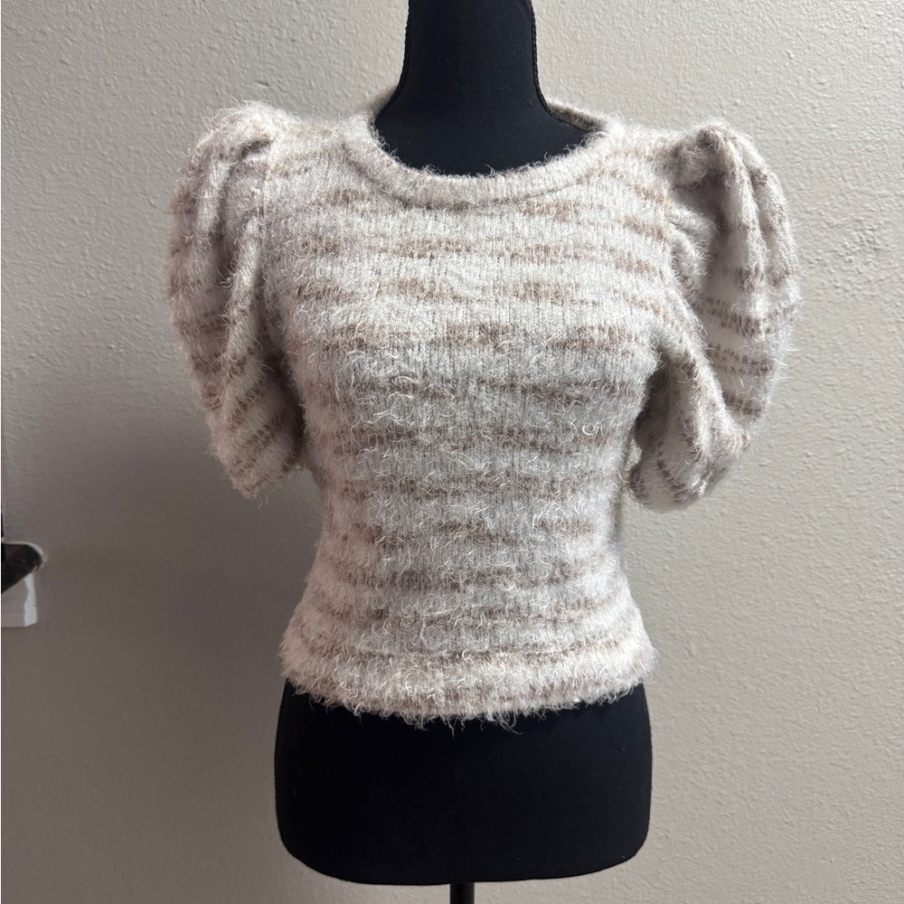 ILLA ILLA Fuzzy Puff Sleeve Knit Top – Neutral Stripe – S/M